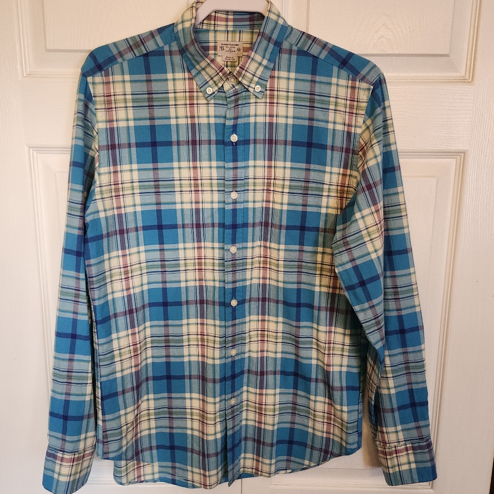 J Crew Summer Plaid Cotton Button Down Tailored Long Sleeve Shirt Mens Size MED.